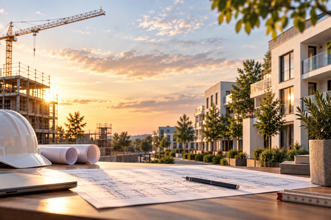 Planungsunterlagen vor einem modernen Wohnquartier