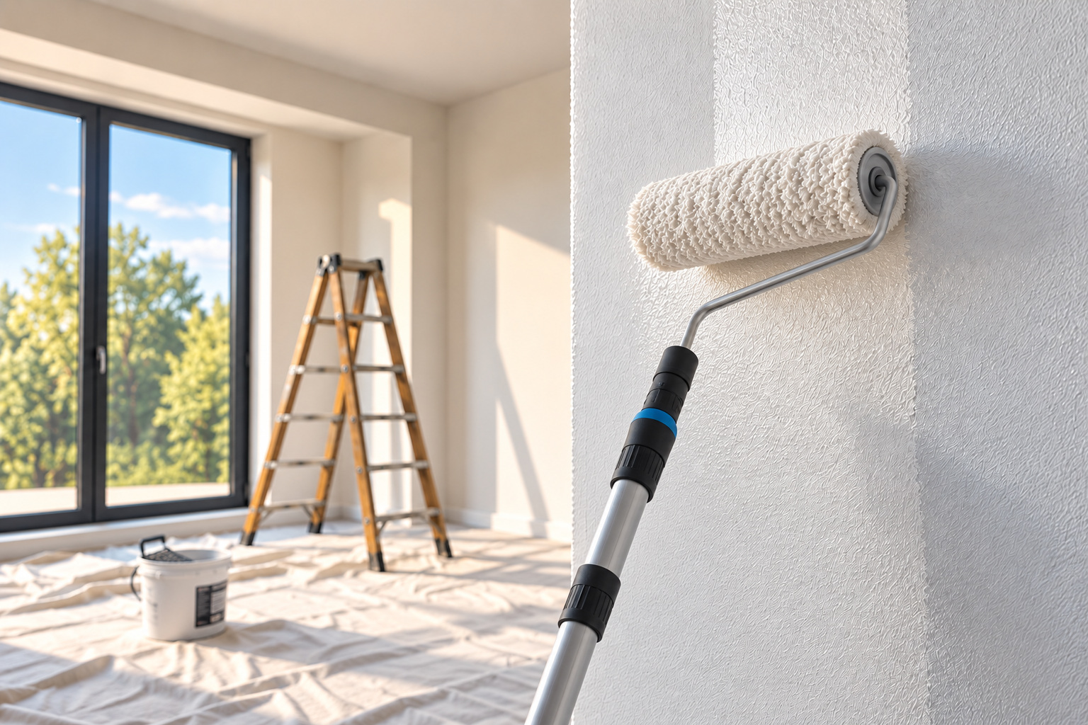 Maler trägt Farbe auf einer Innenwand auf